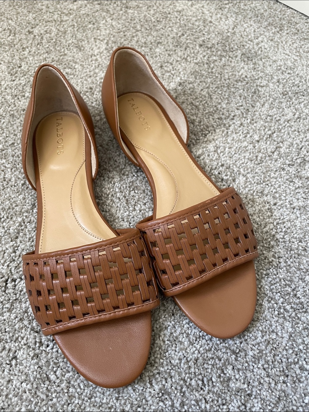 NWT Talbots Leona Woven Slide sandals Havana Tan Sz 9 Leather